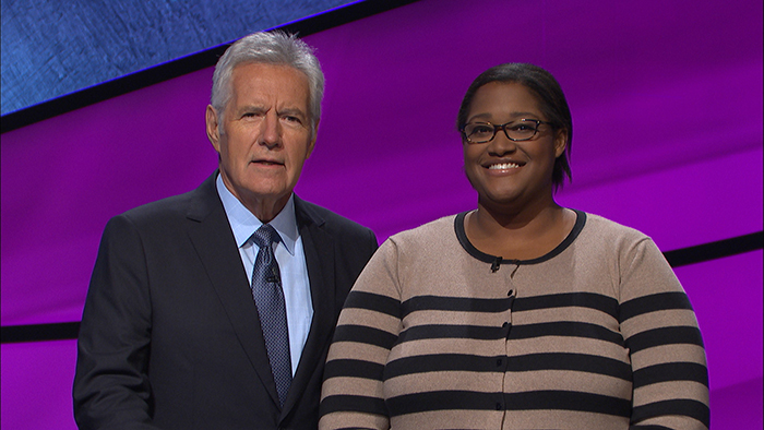 Dr. LaKedra Pam with Alex Trebek on Jeopardy